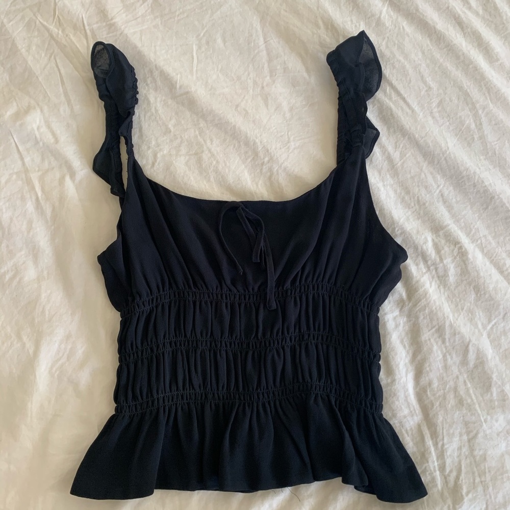 Reformation black frilly ribbed top
